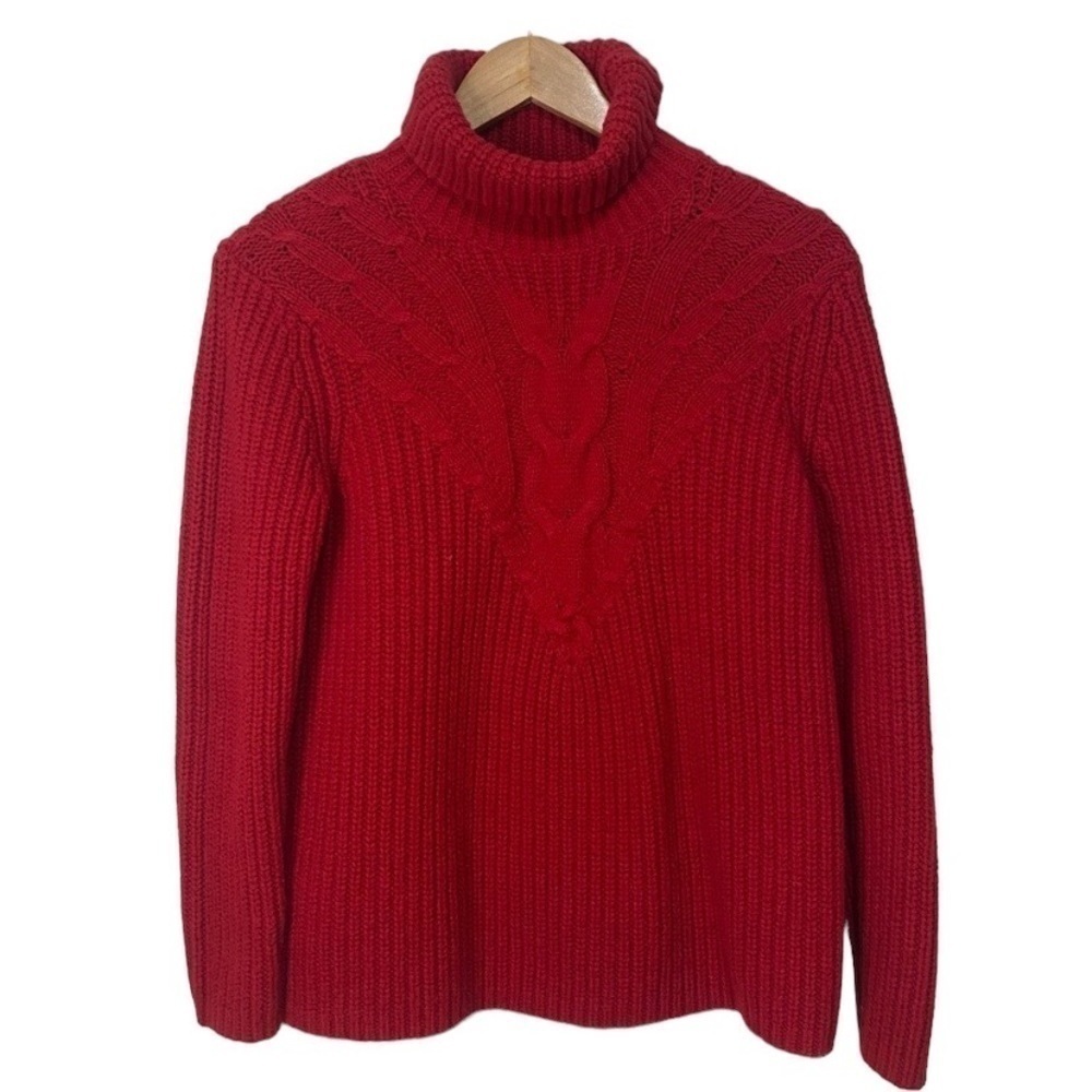 Lands End red turtleneck chunky cable knit long sleeve sweater Size SP